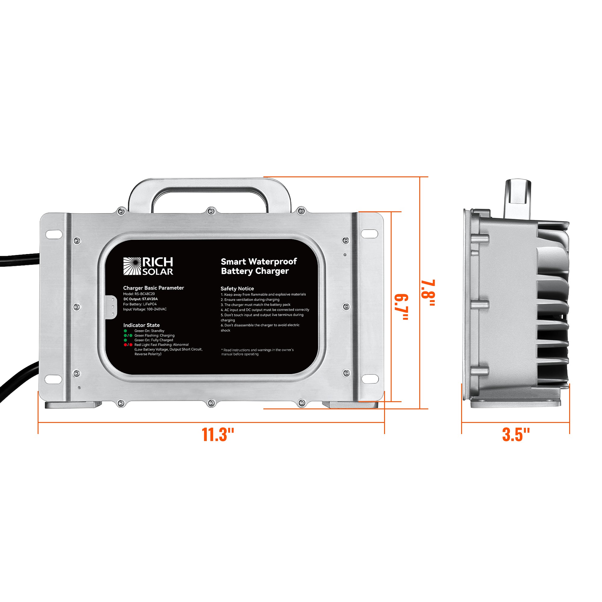 48V (57.6V) Waterproof LiFePO4 Charger | 20A - 25A, 100-240V AC, 8-in-1 Protection, Fan-Cooled