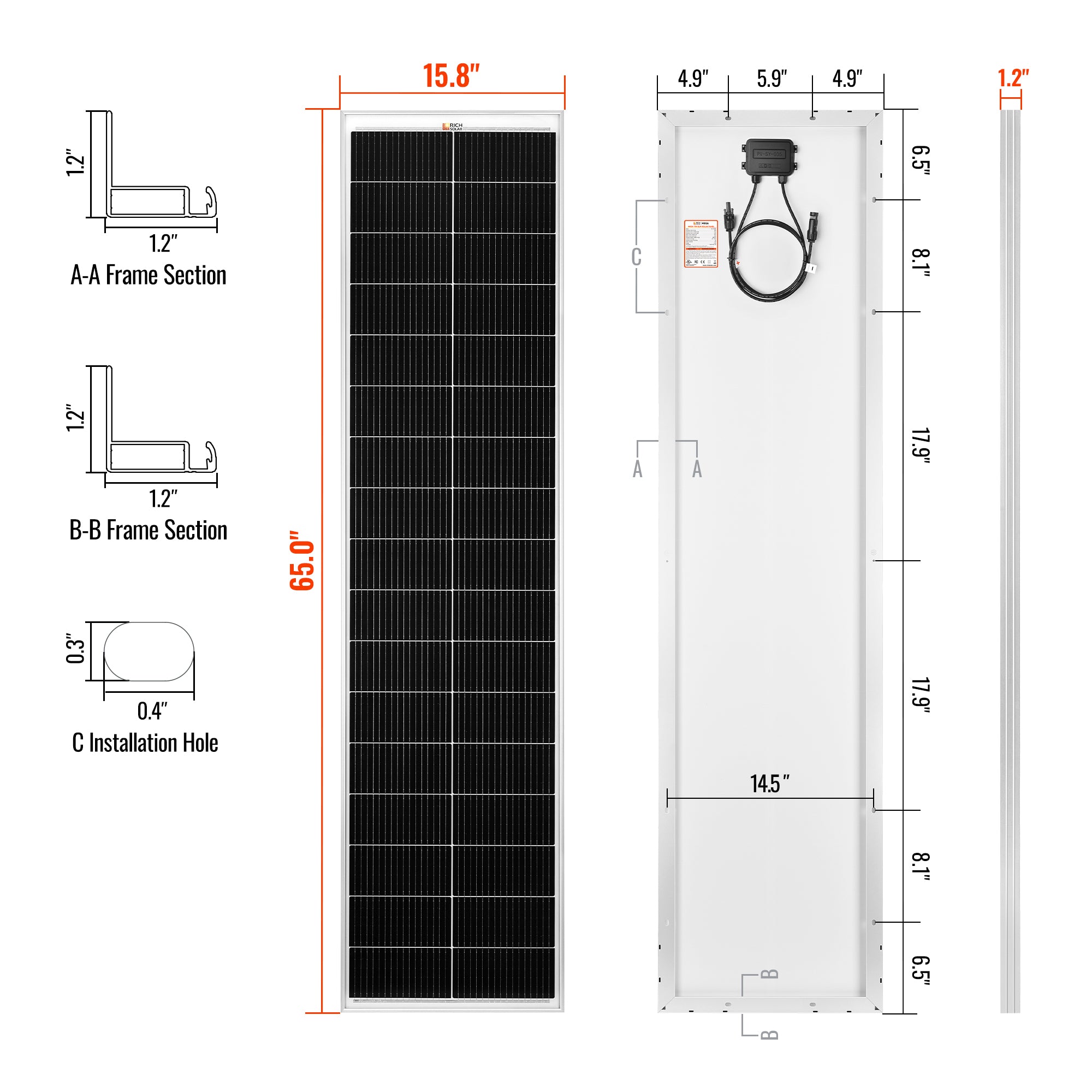 MEGA 130 SLIM | 130 Watt Slim Solar Panel | Compact 12V Narrow Panel for Vans, Campers, Boats | 25-Year Output Warranty