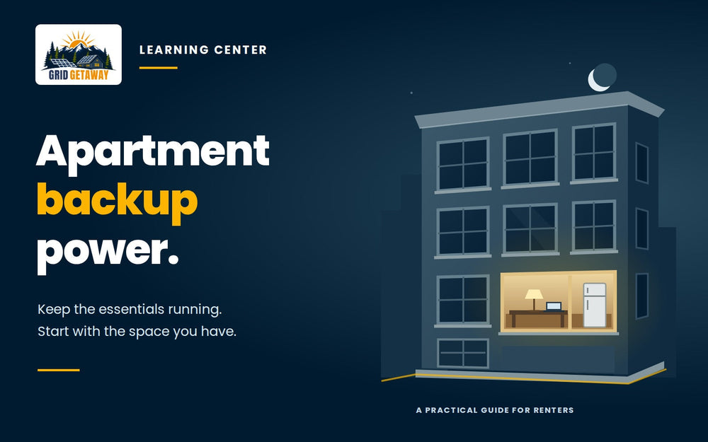 Apartment building with one illuminated room illustrating backup power for a renter’s essential appliances.