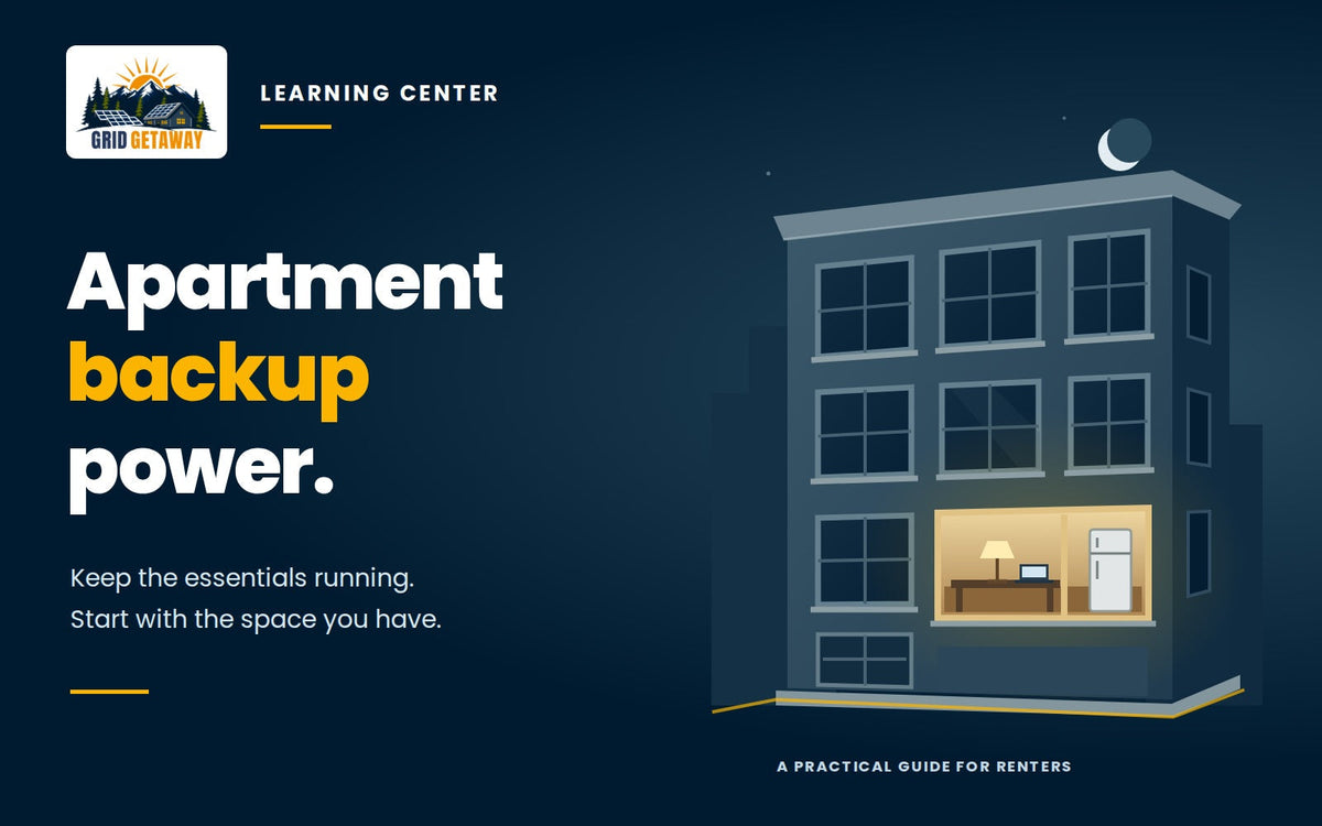 Apartment building with one illuminated room illustrating backup power for a renter’s essential appliances.