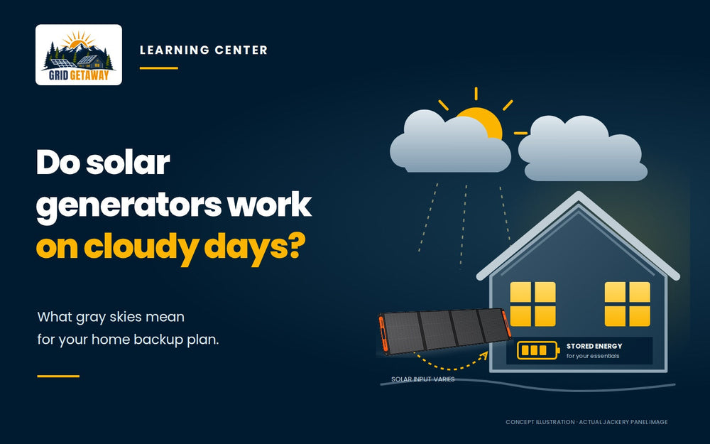 Clouds above solar panels and a house, with stored battery energy illustrated as part of a cloudy-day backup plan.