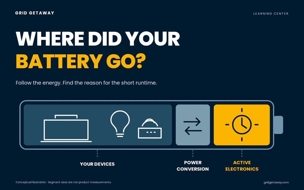 Battery-shaped diagram showing power used by connected devices, power conversion, and active electronics.