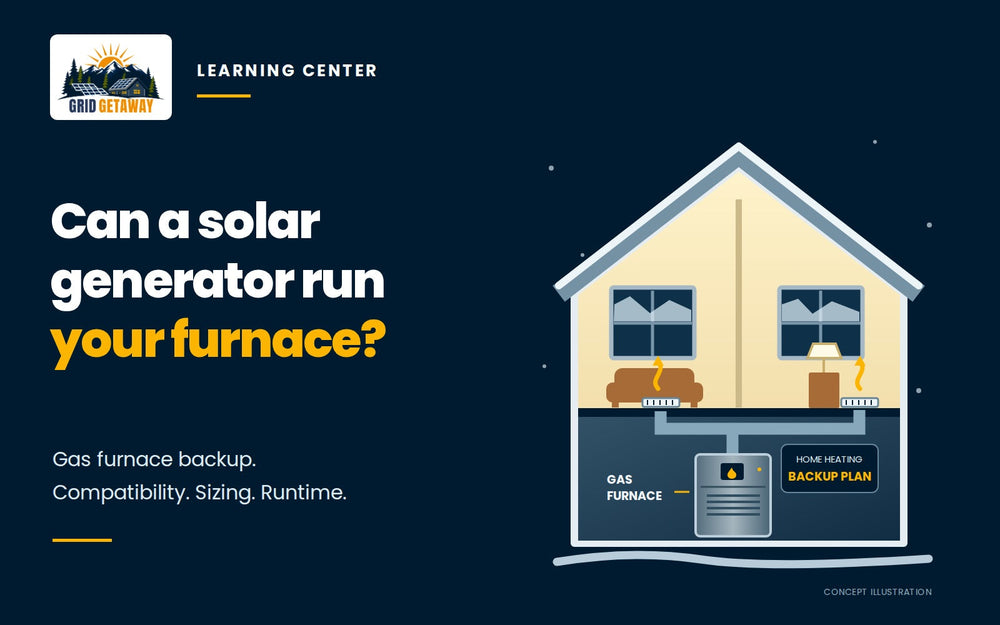 House cutaway showing a gas furnace and heated rooms, illustrating an electrical backup plan for furnace operation.