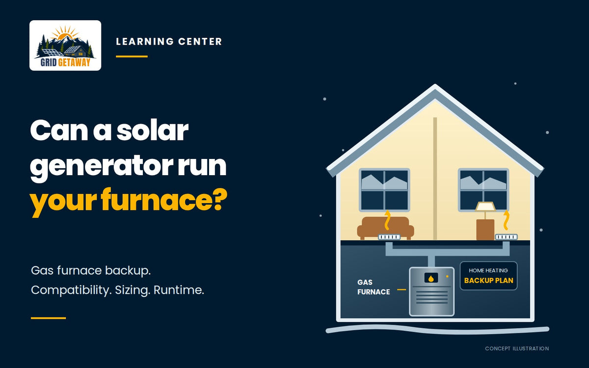 House cutaway showing a gas furnace and heated rooms, illustrating an electrical backup plan for furnace operation.