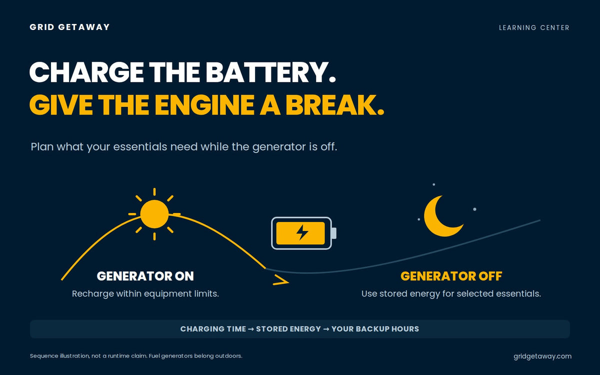 Day-to-night illustration showing generator charging during the day and stored battery power for essential loads at night.
