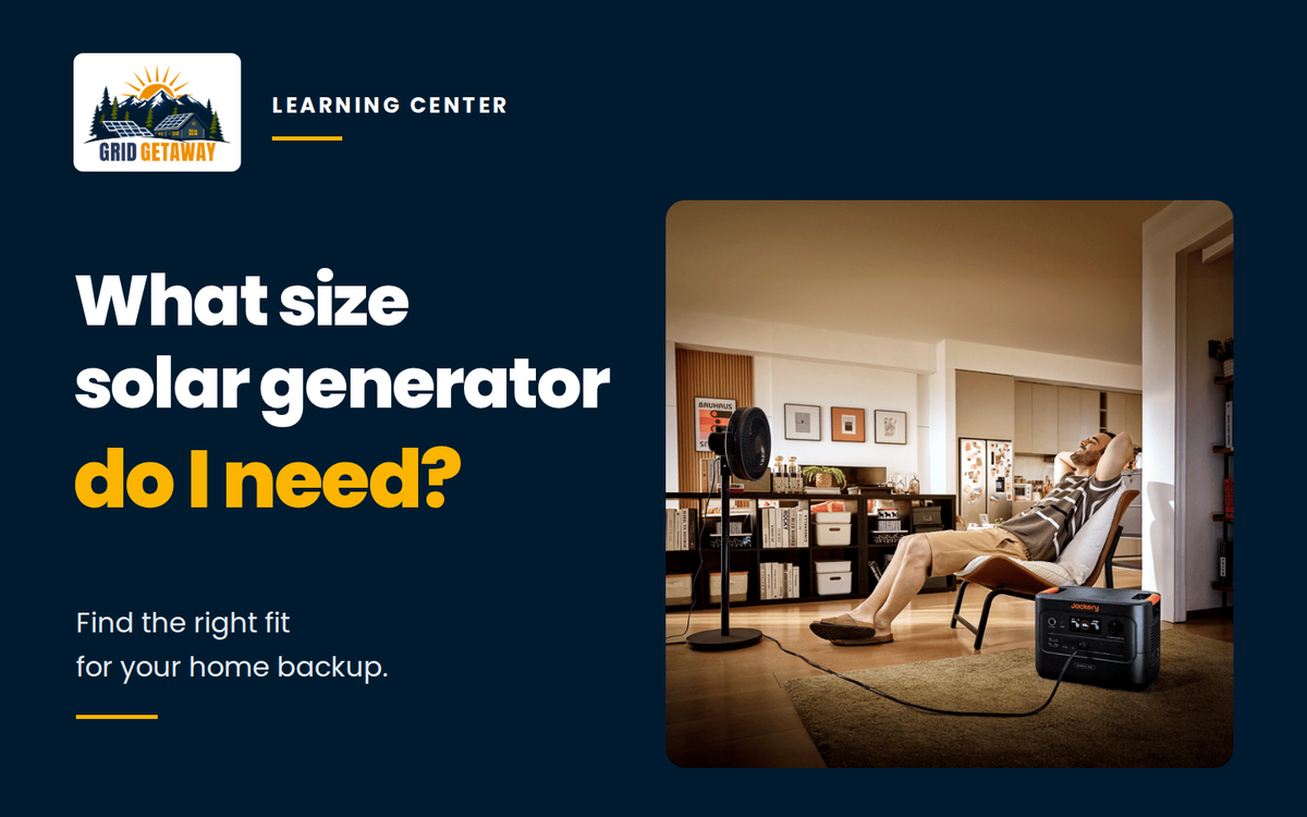 Person seated in a living room with a fan and portable power station beside a guide to home-backup sizing.