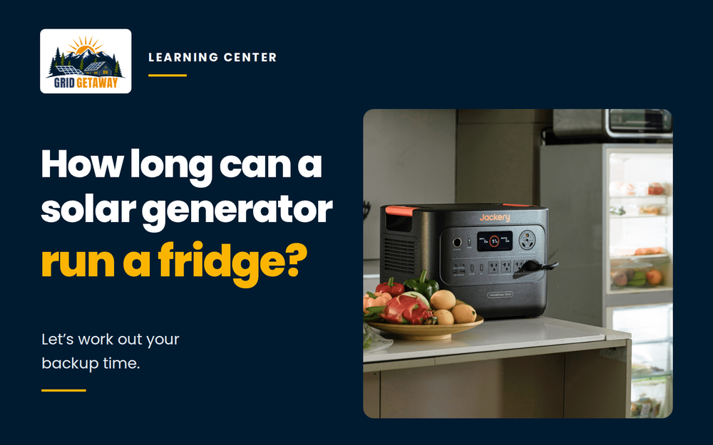 Jackery portable power station on a kitchen counter beside an open refrigerator, illustrating refrigerator backup planning.