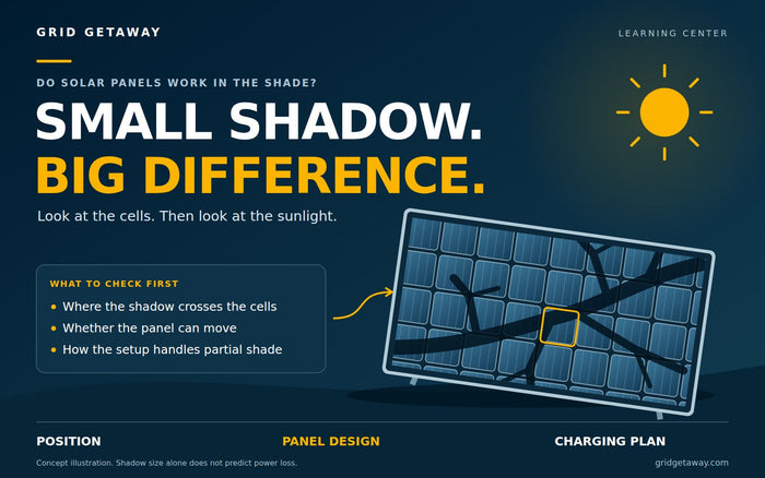 Branch-shaped shadow crossing solar-panel cells, illustrating the effect of partial shade on solar charging.