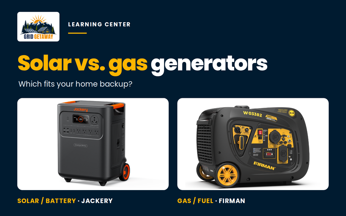 Side-by-side Jackery battery power station and FIRMAN fuel-powered generator for a home-backup comparison.