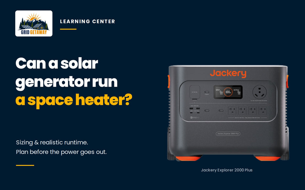 Jackery Explorer 2000 Plus beside a guide to sizing and runtime for space-heater backup.
