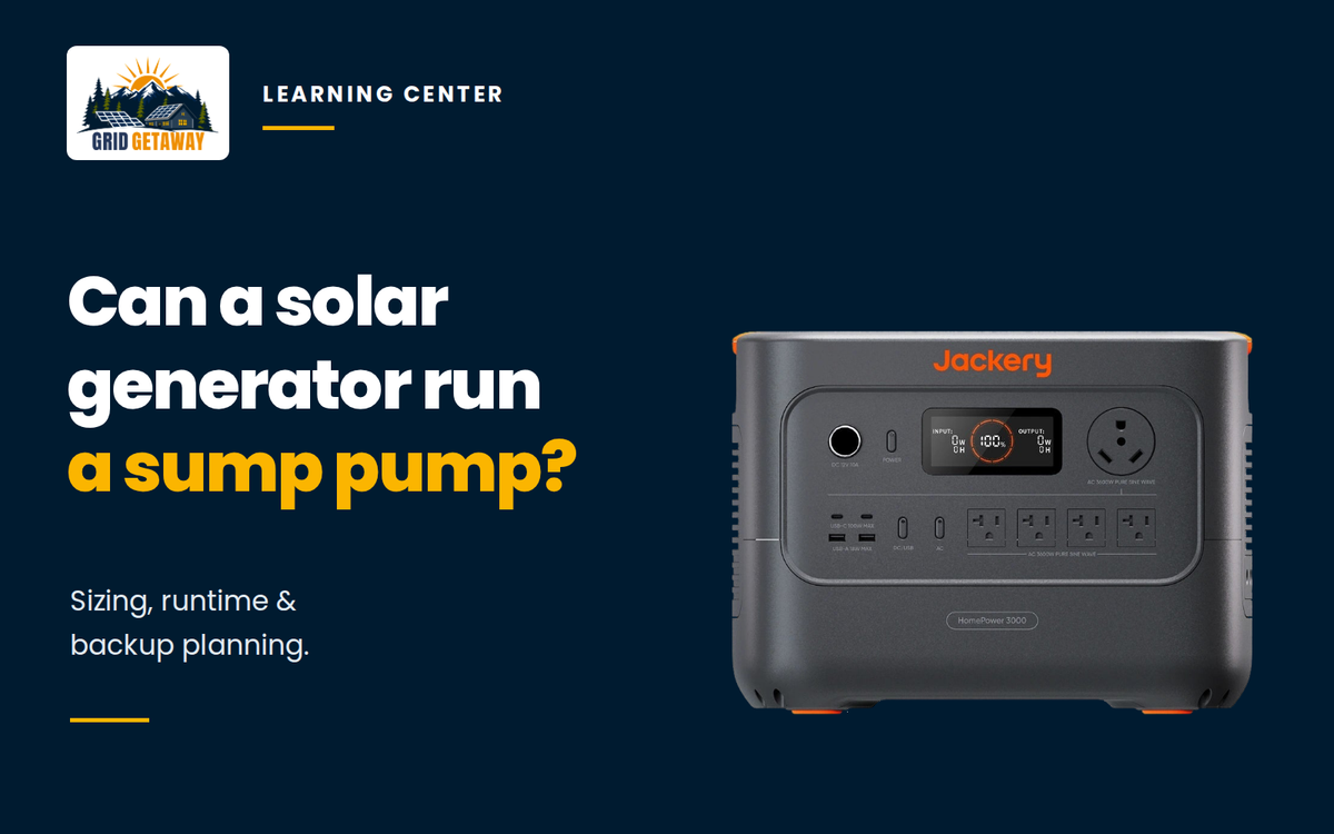 Jackery portable power station beside a guide to sump-pump backup sizing, runtime, and planning.