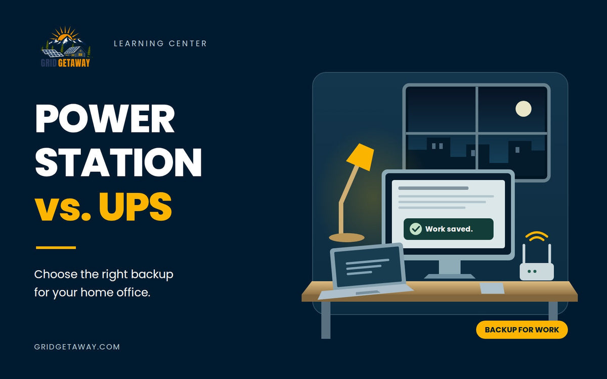 Home-office desk with computer, laptop, lamp, and router illustrating a portable power station versus UPS comparison.