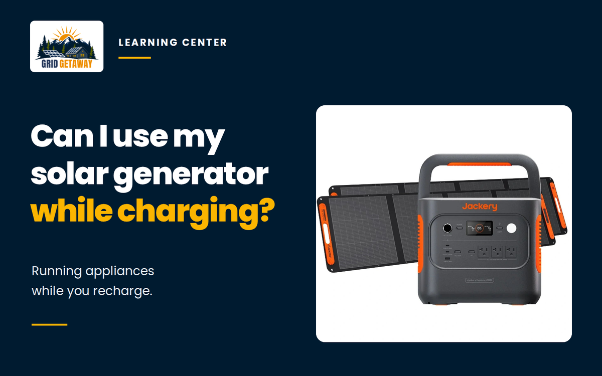 Jackery portable power station with folding solar panels beside a guide to using a solar generator while charging.