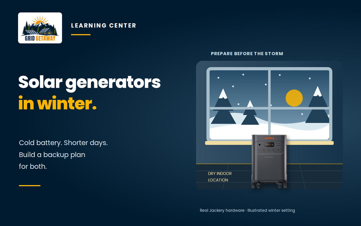 Jackery power station indoors beside a window overlooking snow, illustrating winter backup and cold-weather planning.