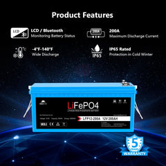 12V 200Ah LiFePO4 Deep Cycle Lithium Battery/ Bluetooth / Self- Heating / IP65