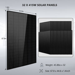 OFF GRID SOLAR KIT 16KW 48VDC 120V/240V LiFePO4 25.6KWH LITHIUM BATTERY 32 X 415 WATTS SOLAR PANELS SGR-16K25E