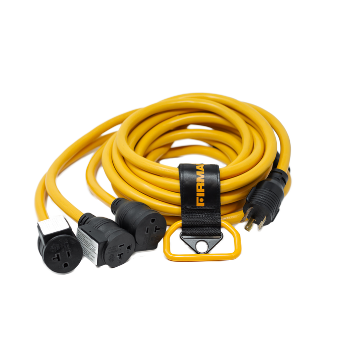 25' Heavy Duty L5-30P to (3) 5-20R Power Cord With Storage Strap