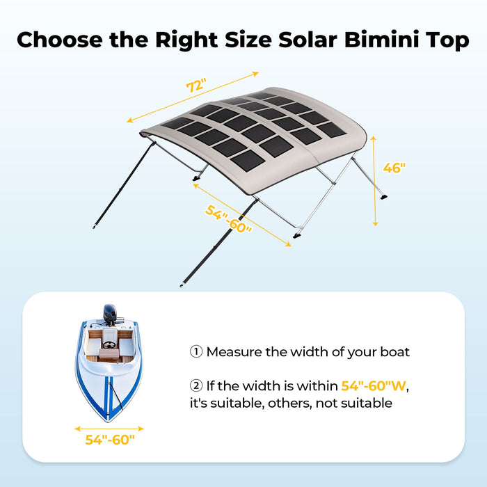 BougeRV 200W N-Type Solar Bimini Top for Boats - 3Bow / 3Bow 54"–60"