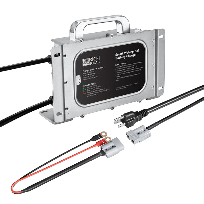 48V (57.6V) Waterproof LiFePO4 Charger | 20A - 25A, 100-240V AC, 8-in-1 Protection, Fan-Cooled