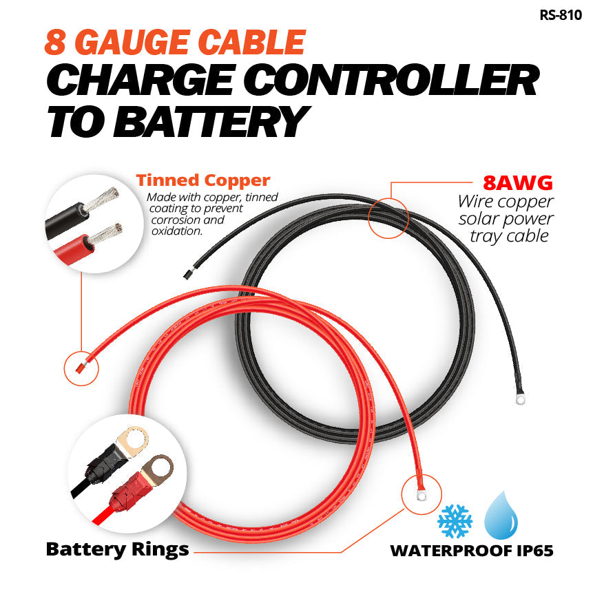 Extension Cable to Connect Charge Controller to Battery | Pair of Red and Black Extension Wires to Connect Charge Controller to Battery Cable | Choose Gauge: 8AWG, 10AWG