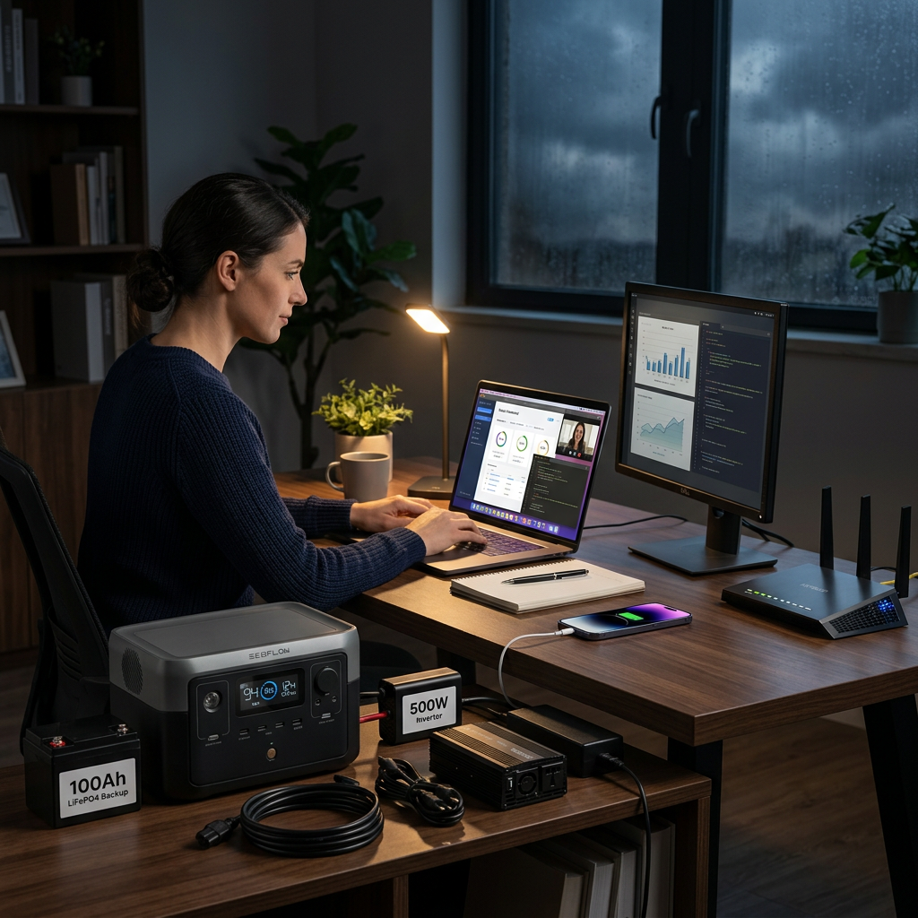 Portable power station used for remote work backup during a home office outage