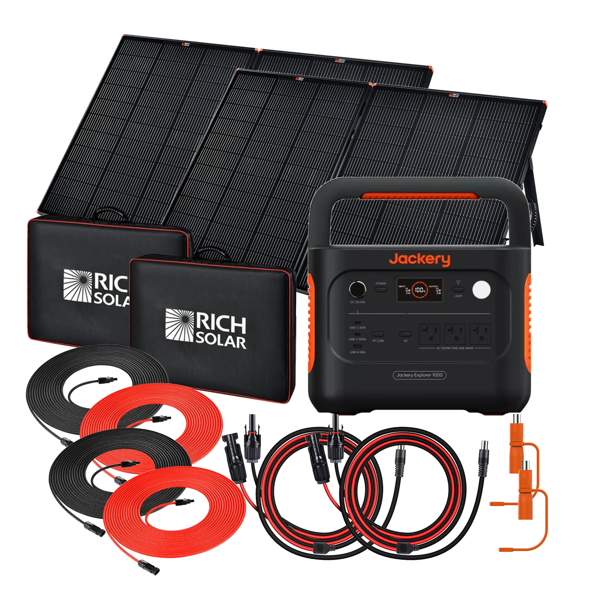 Jackery Explorer 1000 v2 with two Rich Solar MEGA 200 portable briefcase panels and connecting cables