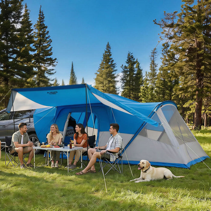 SUV Tent with Screen Porch and Awning - 14.5' W X 10' L X 7' H - Gray Blue