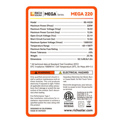 MEGA 220 | 220 Watt Solar Panel | Premium 12V Off-Grid Solar Panel for RVs, Cabins, Boats | 25-Year Output Warranty