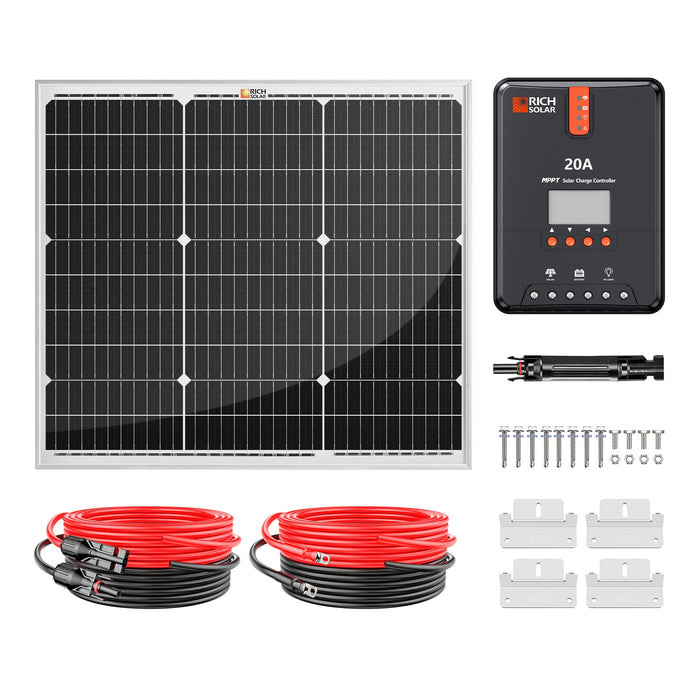 50 Watt Solar Kit | Includes 50W Solar Panel + 20A MPPT Solar Controller + Wires and Brackets