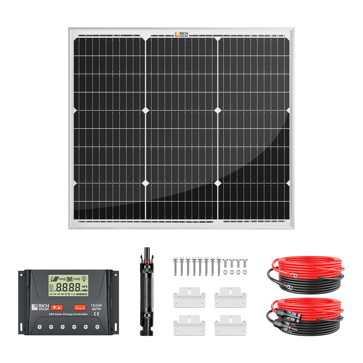 Rich Solar RS-K502 50W solar kit with MEGA 50 panel, 30A PWM controller, cables and mounting hardware