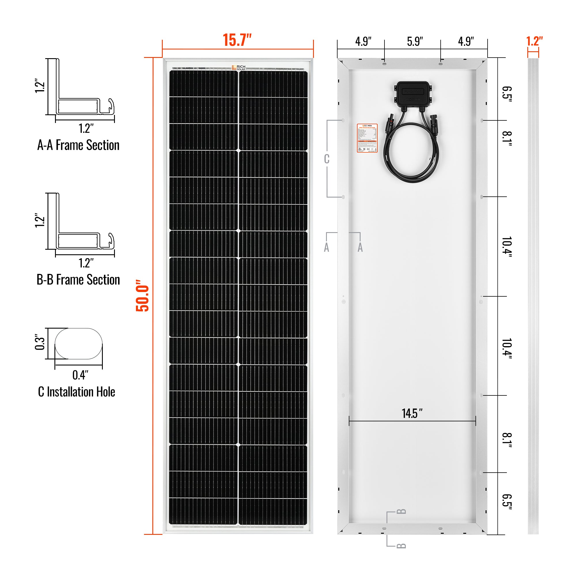 MEGA 100 SLIM | 100 Watt Slim Solar Panel | Compact 12V Off-Grid Narrow Solar Panel for Vans, Overlanders, Boats | 25-Year Output Warranty