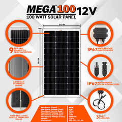 MEGA 100 | 100 Watt Solar Panel | Premier 12V Off-Grid Solar Panel for Vans, Campers, Boats | 25-Year Output Warranty