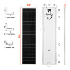 MEGA 130 SLIM | 130 Watt Slim Solar Panel | Compact 12V Narrow Panel for Vans, Campers, Boats  | 25-Year Output Warranty