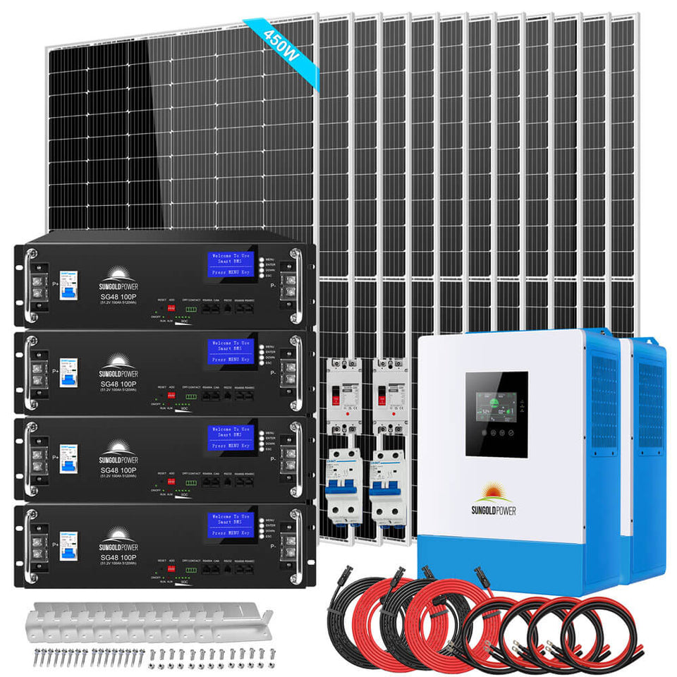 Off Grid Solar Kit 10000W 48VDC 120V/240V LifePO4 20.48KWH Lithium Battery 12 X 450 Watts Solar Panels SGR- 10K2M