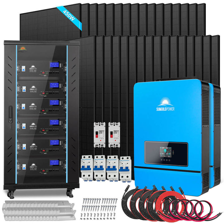 OFF GRID SOLAR KIT 20KW 48VDC 120V/240V LIFEPO4 30.72KWH LITHIUM BATTERY 32 X 450 WATTS SOLAR PANELS SGR-20K30E