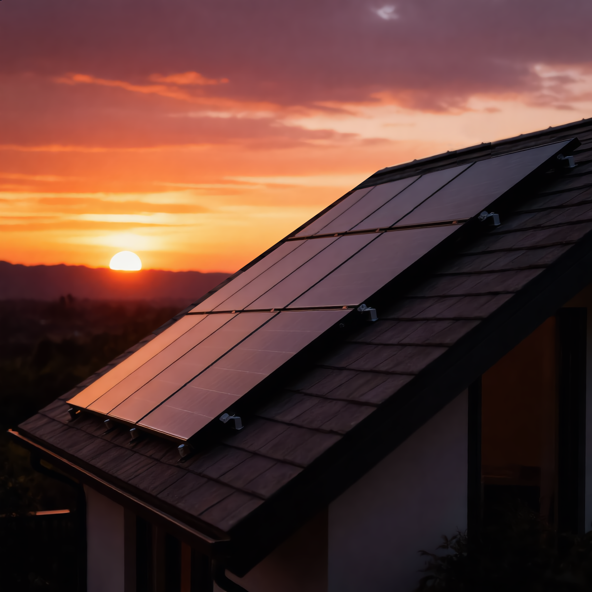 Rooftop solar panels at sunset
