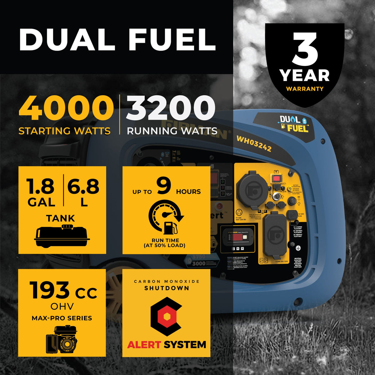 Dual Fuel Inverter Portable Generator 4000/3200W Electric Start with CO ALERT - image 2