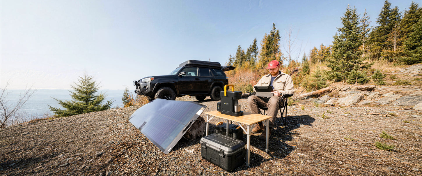 BougeRV solar and refrigeration equipment at a mountain campsite