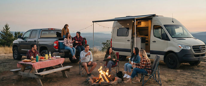 A campsite with vehicles and friends, from SOK Battery