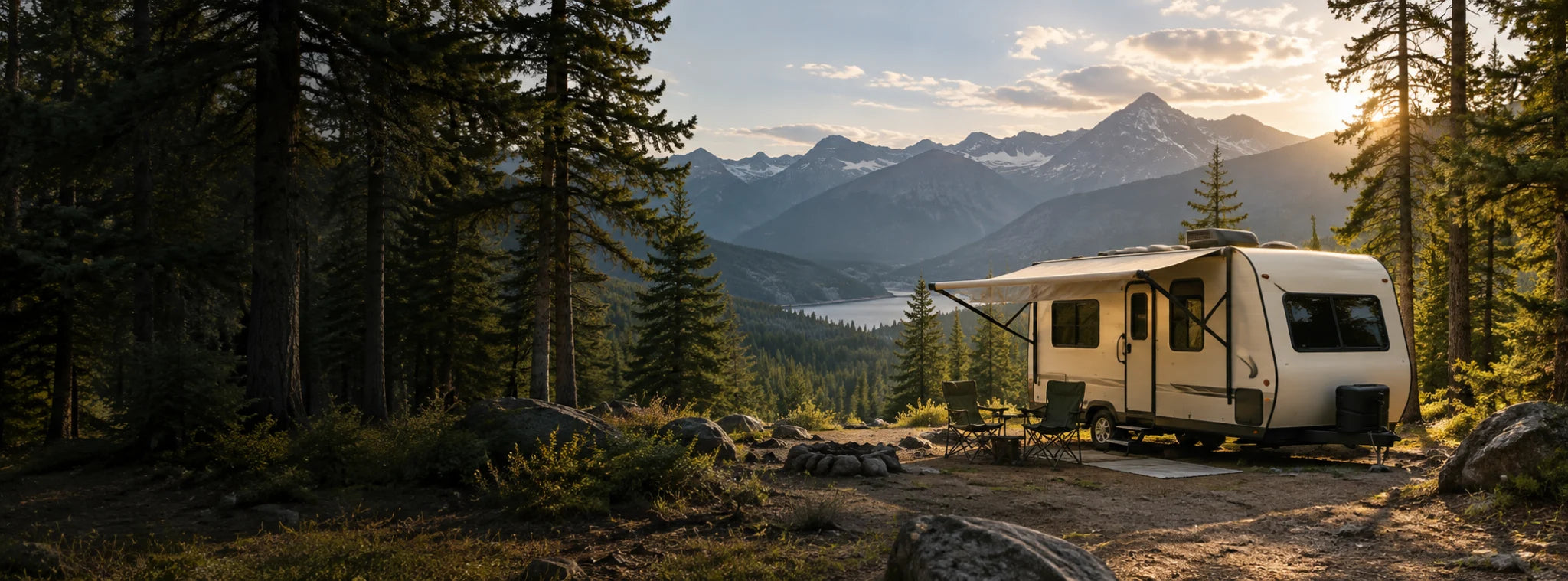 A camper nestled among evergreen trees with mountain peaks beyond the campsite