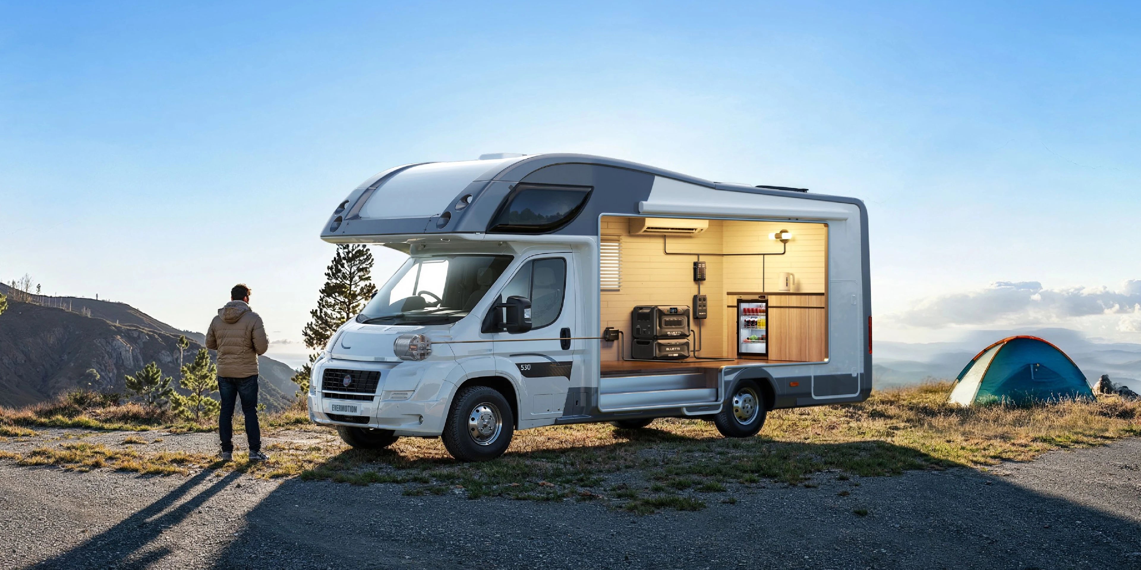 BLUETTI outdoor power setup beside a camper