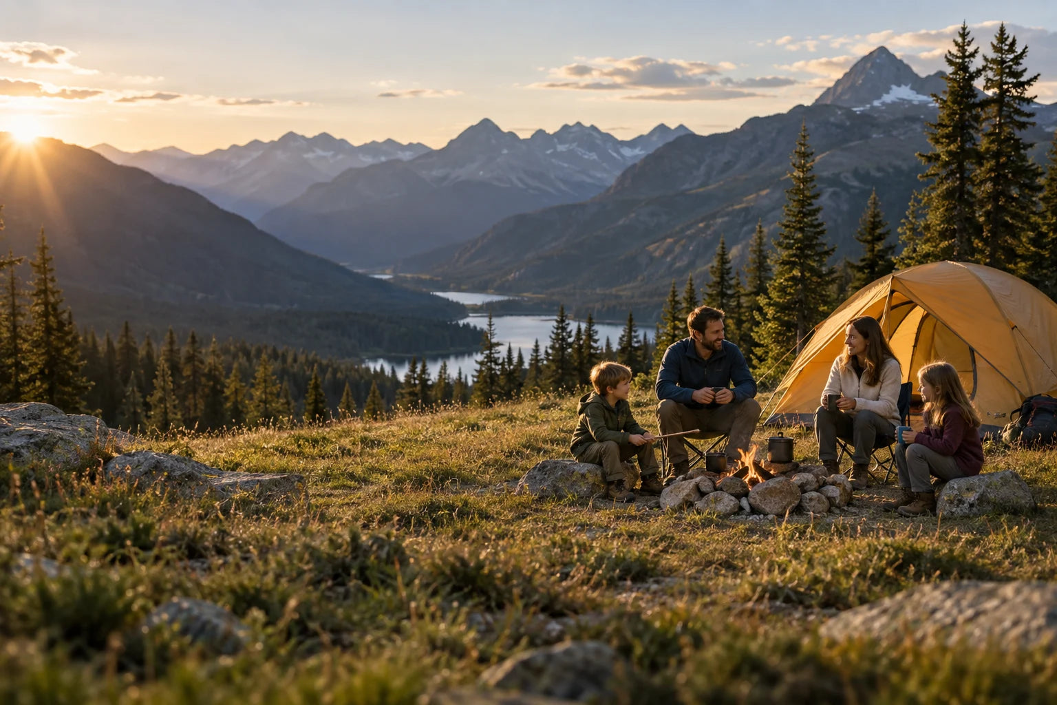 A family relaxing together at a mountain campsite in the evening sun